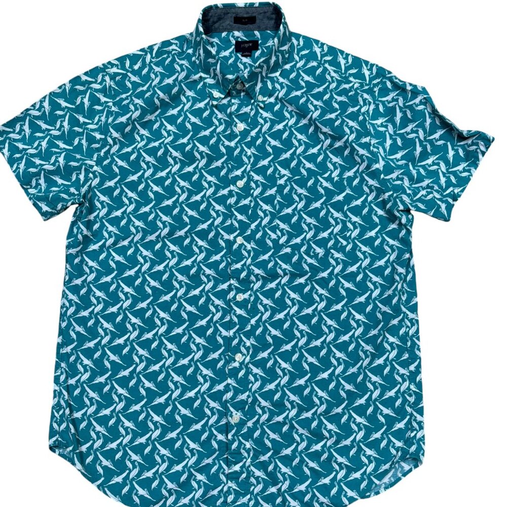 J. Crew White Bird On Dark Teal Slim Men Short Sleeve Shirt Size L